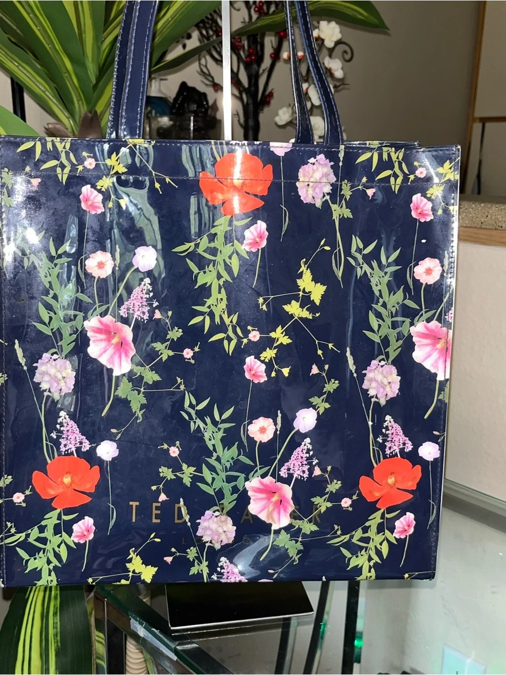 Ted Baker Navy Floral Glossy Tote with Pink & Red Blooms - Picture 6 of 7